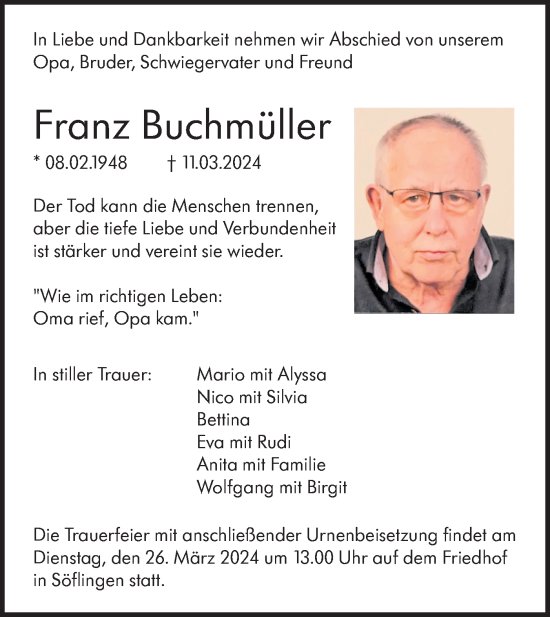 Traueranzeige von Franz Buchmüller von SÜDWEST PRESSE Ausgabe Ulm/Neu-Ulm