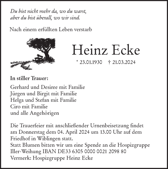 Traueranzeige von Heinz Ecke von SÜDWEST PRESSE Ausgabe Ulm/Neu-Ulm