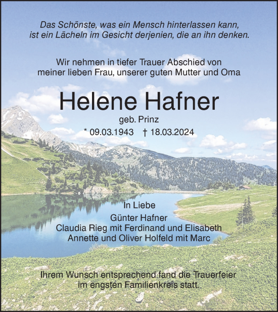 Traueranzeige von Helene Hafner von SÜDWEST PRESSE Ausgabe Ulm/Neu-Ulm