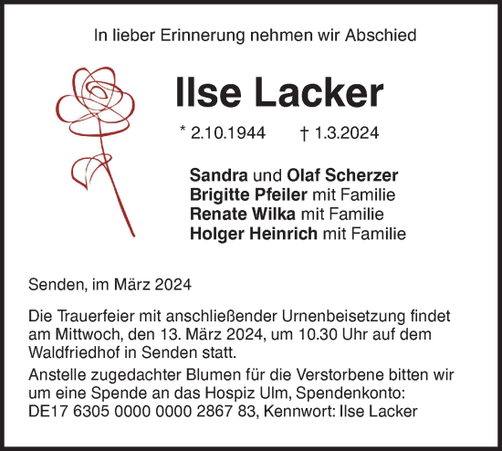 Traueranzeige von Ilse Lacker von SÜDWEST PRESSE Ausgabe Ulm/Neu-Ulm