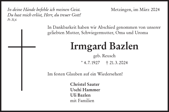 Traueranzeige von Irmgard Bazlen von Alb-Bote/Metzinger-Uracher Volksblatt