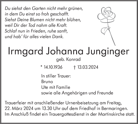 Traueranzeige von Irmgard Johanna Junginger von SÜDWEST PRESSE Ausgabe Ulm/Neu-Ulm