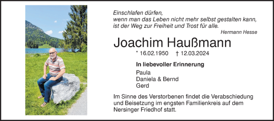 Traueranzeige von Joachim Haußmann von SÜDWEST PRESSE Ausgabe Ulm/Neu-Ulm
