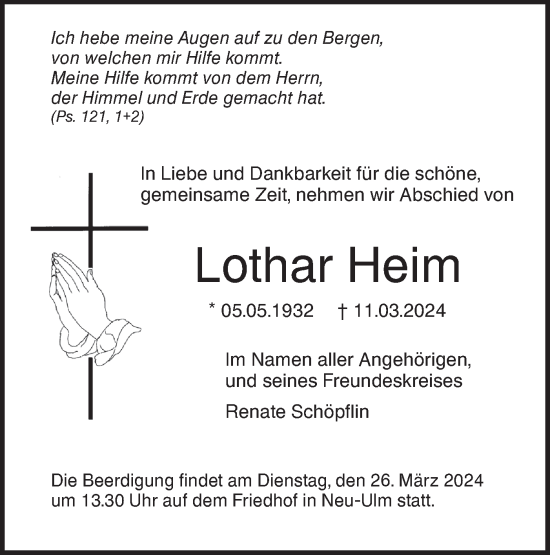 Traueranzeige von Lothar Heim von SÜDWEST PRESSE Ausgabe Ulm/Neu-Ulm