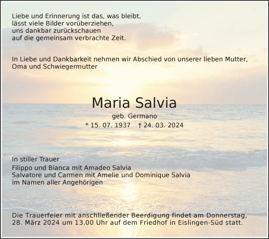 Traueranzeige von Maria Salvia von NWZ Neue Württembergische Zeitung