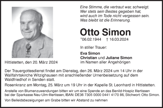 Traueranzeige von Otto Simon von SÜDWEST PRESSE Ausgabe Ulm/Neu-Ulm/Neu-Ulmer Zeitung
