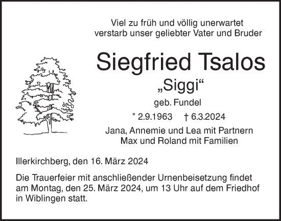 Traueranzeige von Siegfried Tsalos von SÜDWEST PRESSE Ausgabe Ulm/Neu-Ulm