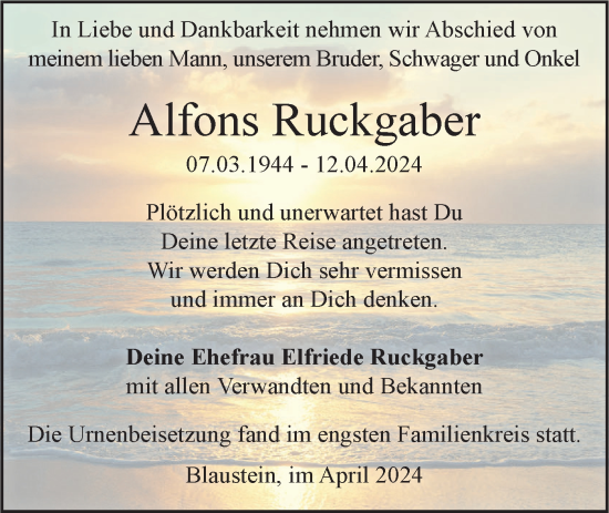 Traueranzeige von Alfons Ruckgaber von SÜDWEST PRESSE Ausgabe Ulm/Neu-Ulm