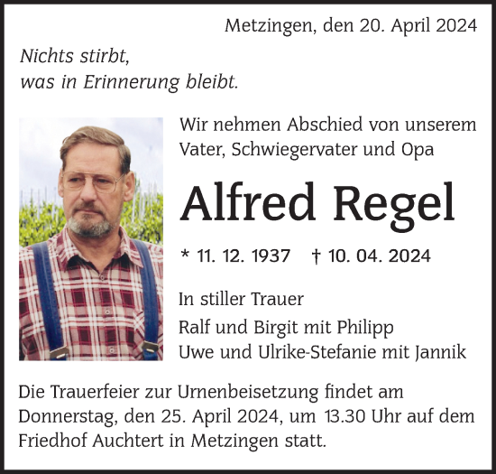 Traueranzeige von Alfred Regel von Alb-Bote/Metzinger-Uracher Volksblatt