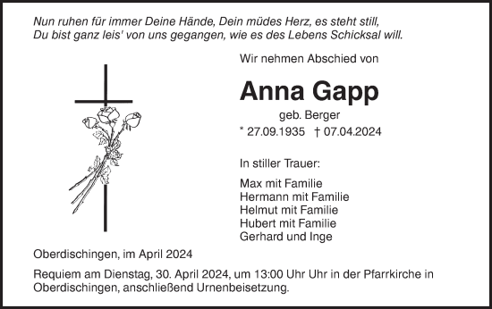 Traueranzeige von Anna Gapp von Ehinger Tagblatt