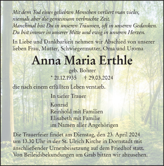 Traueranzeige von Anna Maria Erthle von SÜDWEST PRESSE Ausgabe Ulm/Neu-Ulm