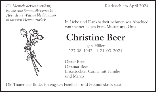 Traueranzeige von Christine Beer von Alb-Bote/Metzinger-Uracher Volksblatt