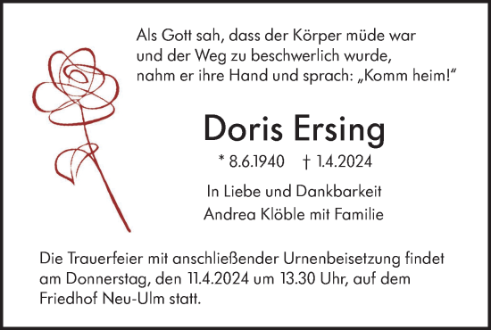 Traueranzeige von Doris Ersing von SÜDWEST PRESSE Ausgabe Ulm/Neu-Ulm