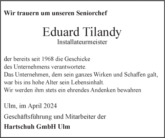 Traueranzeige von Eduard Tilandy von SÜDWEST PRESSE Ausgabe Ulm/Neu-Ulm