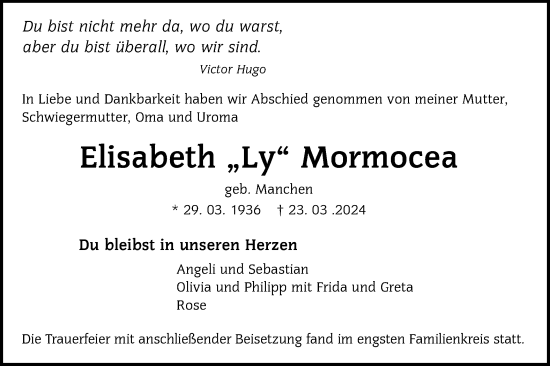 Traueranzeige von Elisabeth Mormocea von Alb-Bote/Metzinger-Uracher Volksblatt