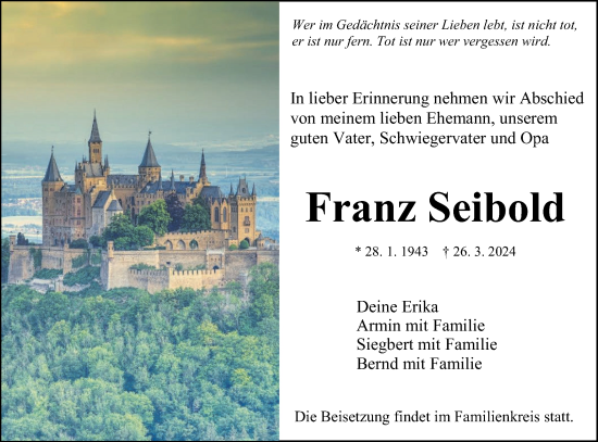 Traueranzeige von Franz Seibold von SÜDWEST PRESSE Zollernalbkreis/Hohenzollerische Zeitung