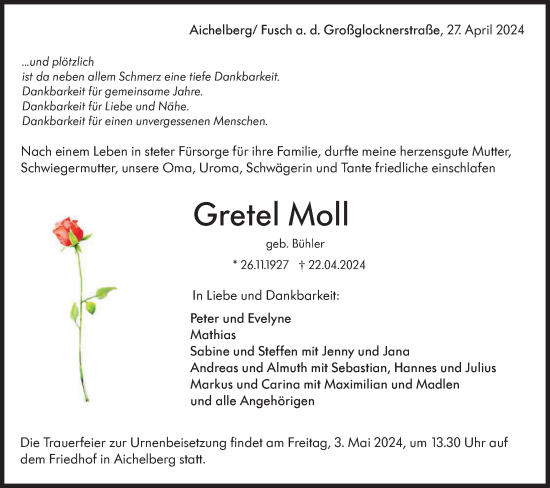 Traueranzeige von Gretel Moll von NWZ Neue Württembergische Zeitung
