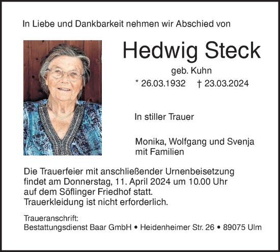 Traueranzeige von Hedwig Steck von SÜDWEST PRESSE Ausgabe Ulm/Neu-Ulm