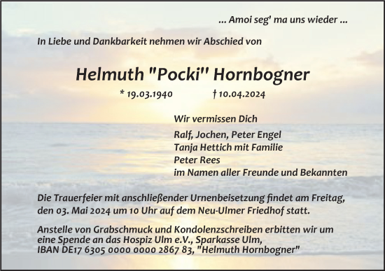 Traueranzeige von Helmuth Hornbogner von SÜDWEST PRESSE Ausgabe Ulm/Neu-Ulm/Neu-Ulmer Zeitung