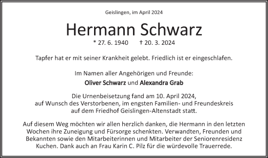 Traueranzeige von Hermann Schwarz von Geislinger Zeitung