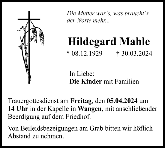 Traueranzeige von Hildegard Mahle von SÜDWEST PRESSE Ausgabe Ulm/Neu-Ulm