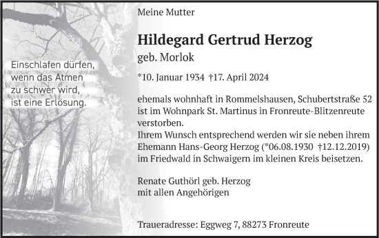 Traueranzeige von Hildegard Gertrud Herzog von Geislinger Zeitung