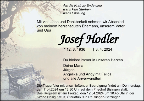 Traueranzeige von Josef Hodler von SÜDWEST PRESSE Zollernalbkreis/Hohenzollerische Zeitung