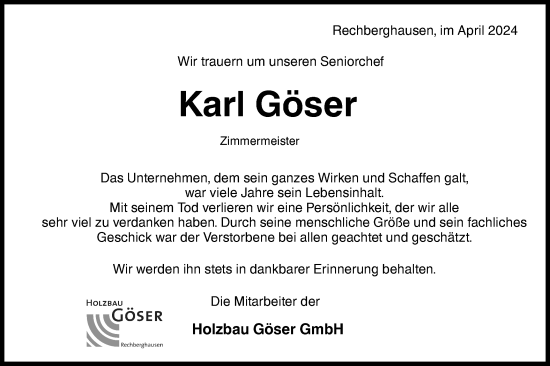 Traueranzeige von Karl Göser von NWZ Neue Württembergische Zeitung