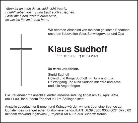 Traueranzeige von Klaus Sudhoff von SÜDWEST PRESSE Ausgabe Ulm/Neu-Ulm