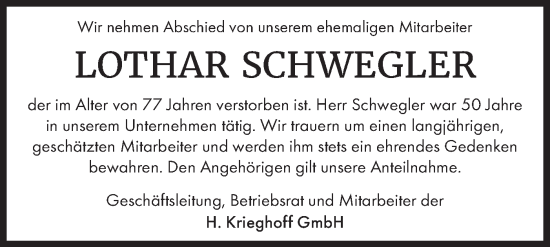 Traueranzeige von Lothar Schwegler von SÜDWEST PRESSE Ausgabe Ulm/Neu-Ulm