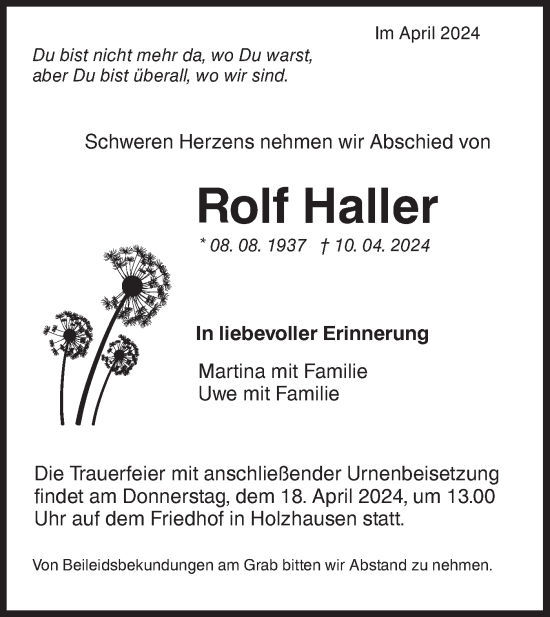 Traueranzeige von Rolf Haller von NWZ Neue Württembergische Zeitung