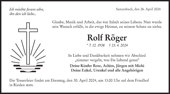 Traueranzeige von Rolf Röger von Haller Tagblatt