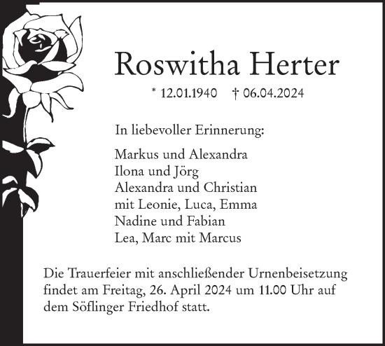 Traueranzeige von Roswitha Herter von SÜDWEST PRESSE Ausgabe Ulm/Neu-Ulm