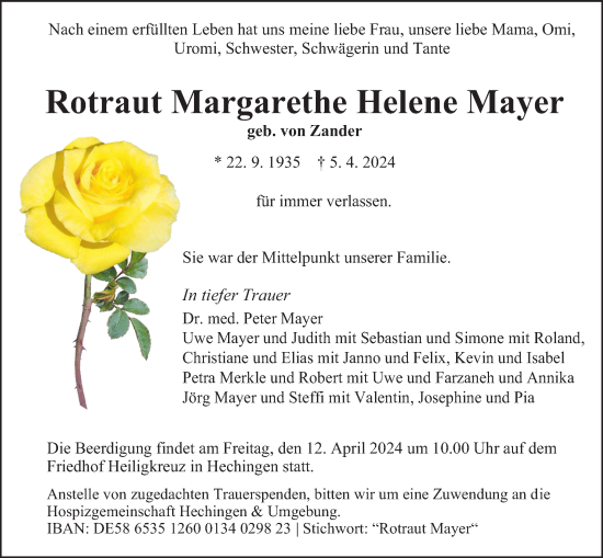Traueranzeige von Rotraut Margarethe Helene Mayer von SÜDWEST PRESSE Zollernalbkreis/Hohenzollerische Zeitung