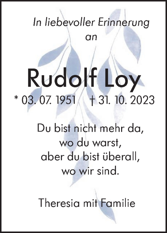 Traueranzeige von Rudolf Loy von SÜDWEST PRESSE Ausgabe Ulm/Neu-Ulm