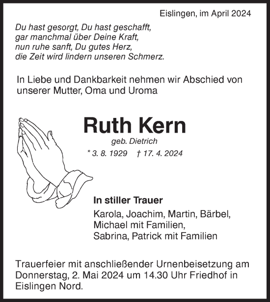 Traueranzeige von Ruth Kern von NWZ Neue Württembergische Zeitung