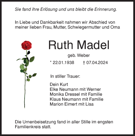Traueranzeige von Ruth Madel von SÜDWEST PRESSE Ausgabe Ulm/Neu-Ulm