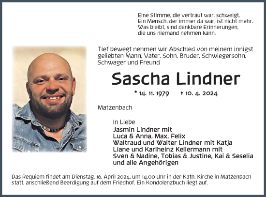 Traueranzeige von Sascha Lindner von Hohenloher Tagblatt