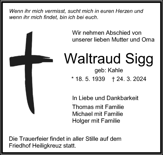 Traueranzeige von Waltraud Sigg von SÜDWEST PRESSE Zollernalbkreis/Hohenzollerische Zeitung