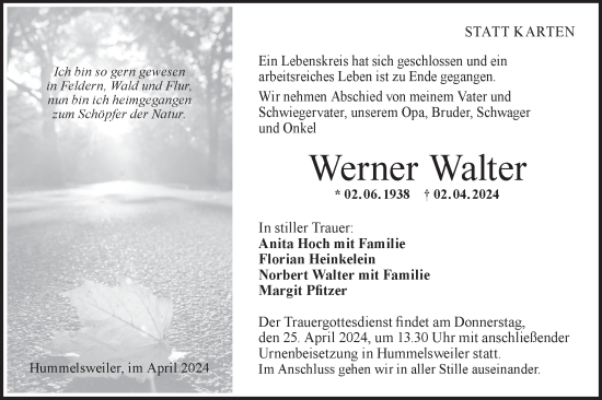 Traueranzeige von Werner Walter von Hohenloher Tagblatt