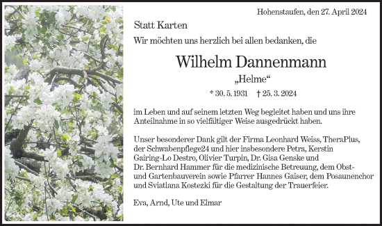 Traueranzeige von Wilhelm Dannenmann von NWZ Neue Württembergische Zeitung