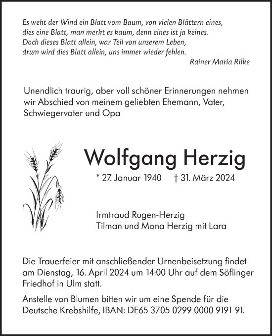 Traueranzeige von Wolfgang Herzig von SÜDWEST PRESSE Ausgabe Ulm/Neu-Ulm