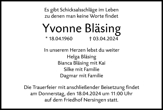 Traueranzeige von Yvonne Bläsing von SÜDWEST PRESSE Ausgabe Ulm/Neu-Ulm/Neu-Ulmer Zeitung