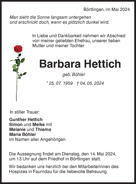 Traueranzeige von Barbara Hettich von NWZ Neue Württembergische Zeitung