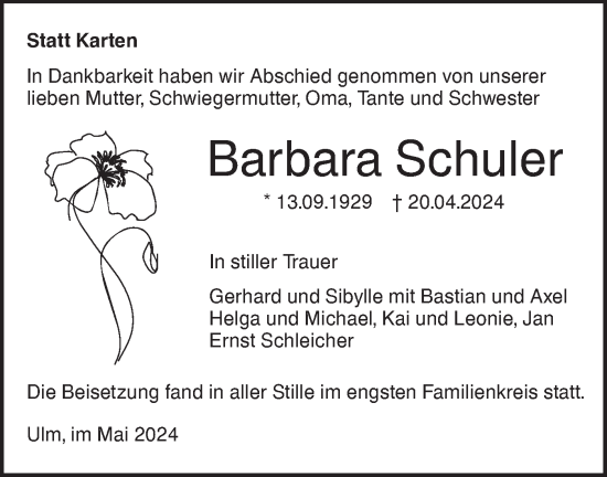 Traueranzeige von Barbara Schuler von SÜDWEST PRESSE Ausgabe Ulm/Neu-Ulm