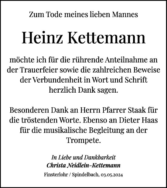 Traueranzeige von Heinz Kettemann von Hohenloher Tagblatt