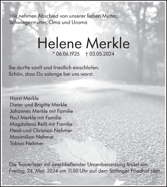Traueranzeige von Helene Merkle von SÜDWEST PRESSE Ausgabe Ulm/Neu-Ulm