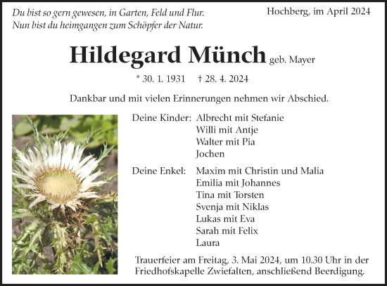 Traueranzeige von Hildegard Münch von Alb-Bote/Metzinger-Uracher Volksblatt