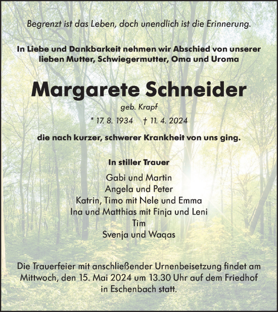 Traueranzeige von Margarete Schneider von NWZ Neue Württembergische Zeitung