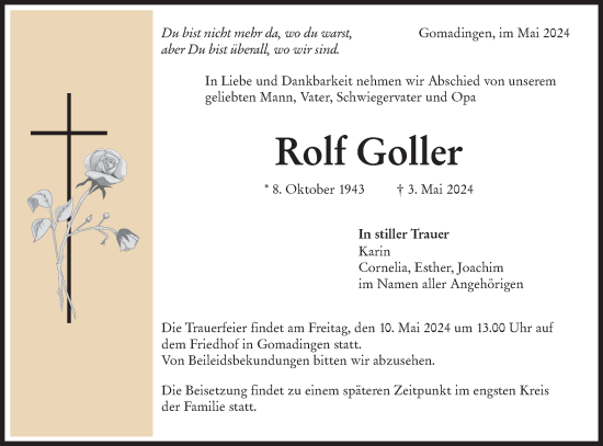 Traueranzeige von Rolf Goller von Alb-Bote/Metzinger-Uracher Volksblatt